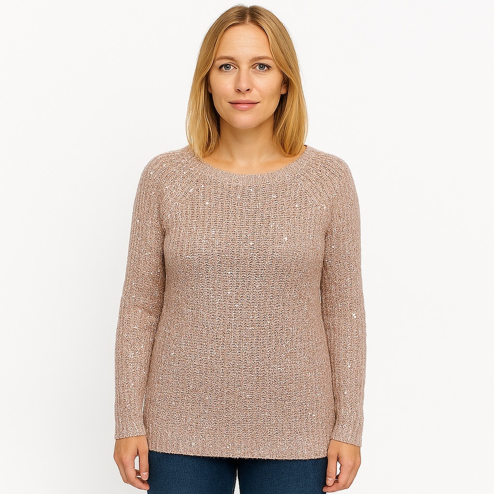 Relativity Pastel Powder Baby Pink Orange Sequined Crew Neck Sweater Large